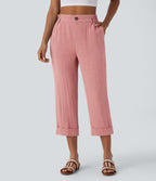 Pantalon capri effet lin taille haute avec poches zippées
