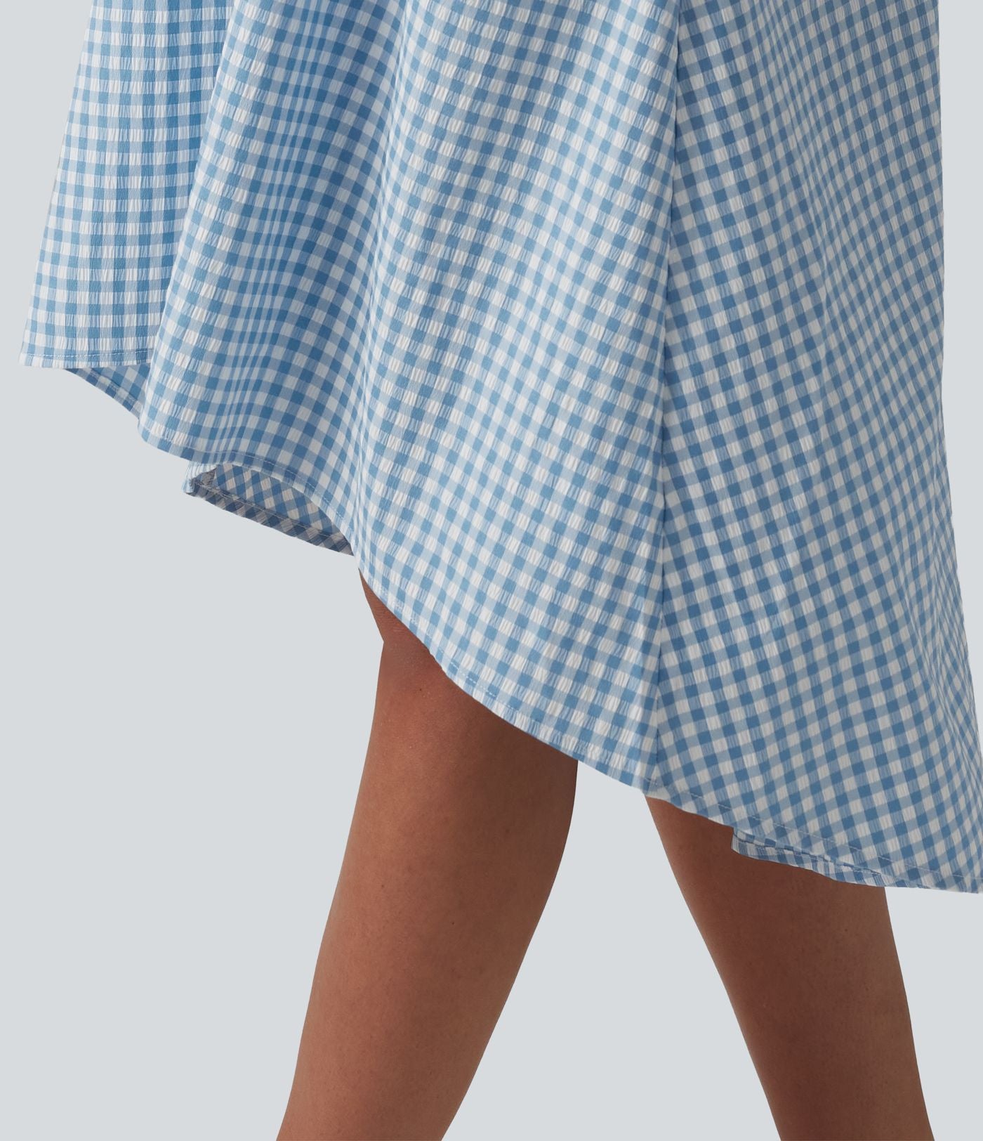 Robe midi resort fluide à carreaux vichy dos nu dos nageur coupe asymétrique avec soutien-gorge intégré et poches