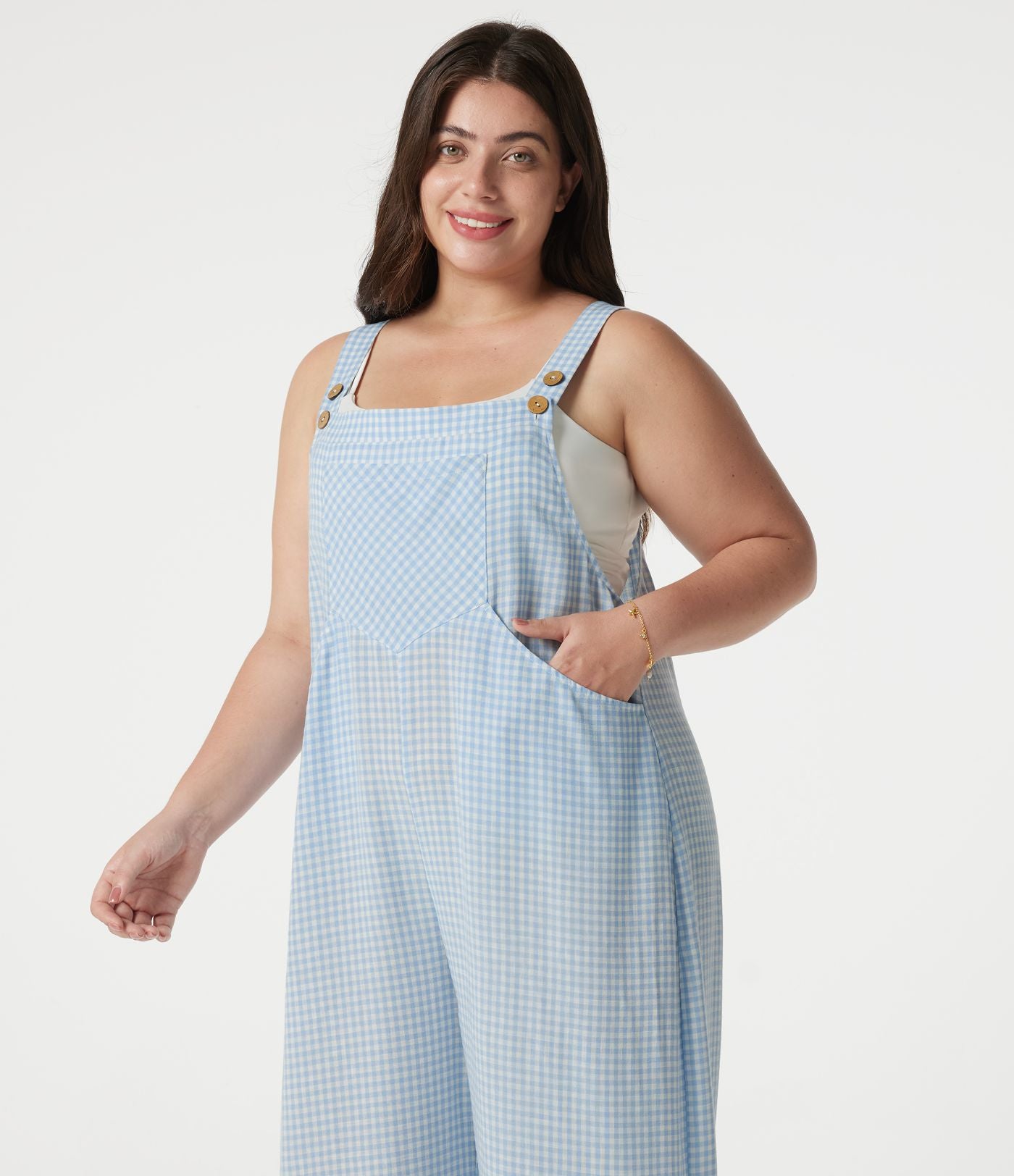 Salopette grande taille effet lin à carreaux avec poches