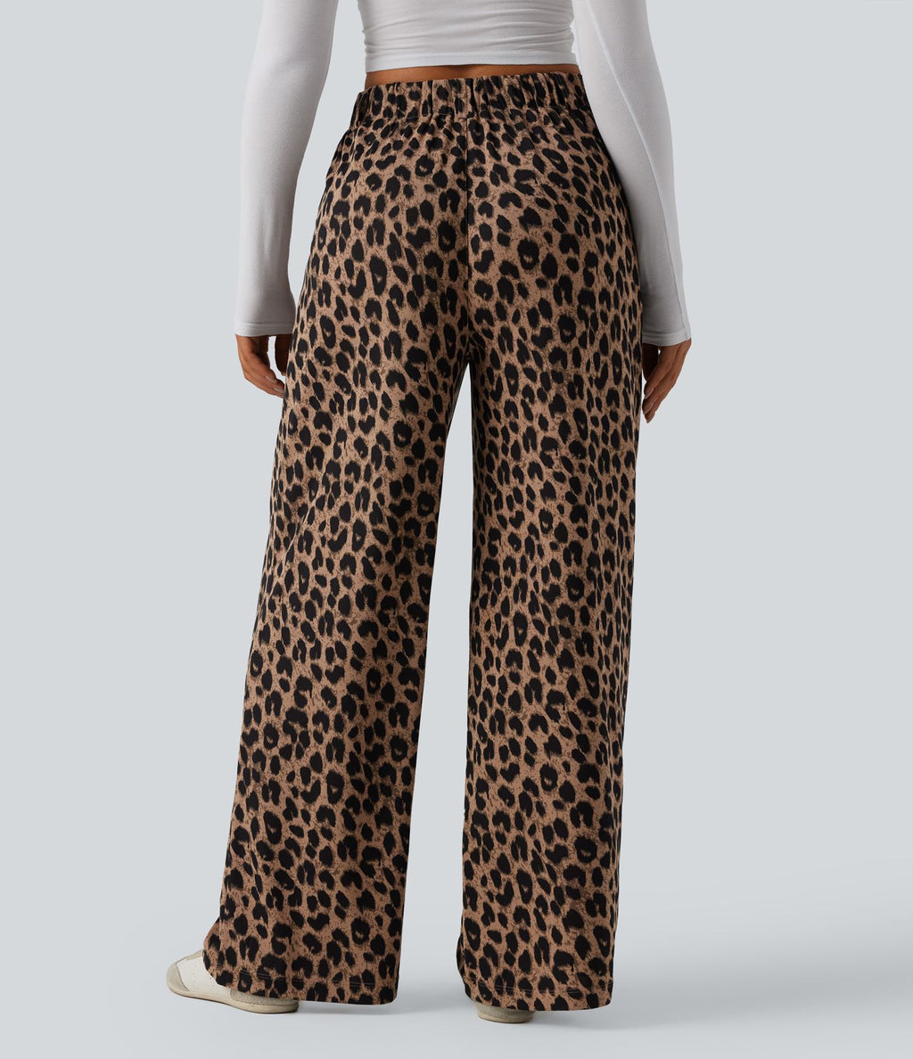 Pantalon large décontracté taille haute imprimé léopard en tissu gaufré avec poches