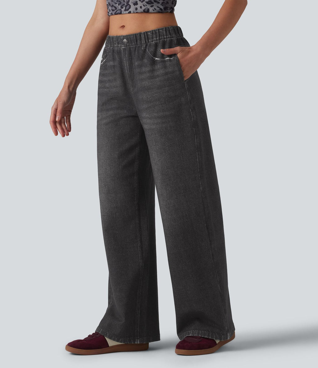 Jogging jean décontracté en molleton French Terry imprimé denim taille mi-haute avec poches