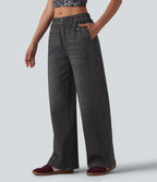 Jogging jean décontracté en molleton French Terry imprimé denim taille mi-haute avec poches