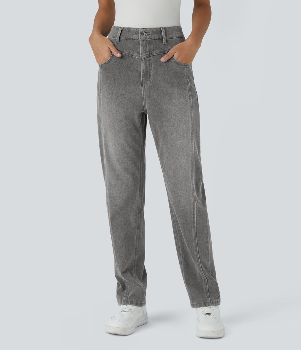 Jean décontracté Halara Flex™ taille haute extensible en maille avec bouton, fermeture éclair, poches multiples et effet délavé