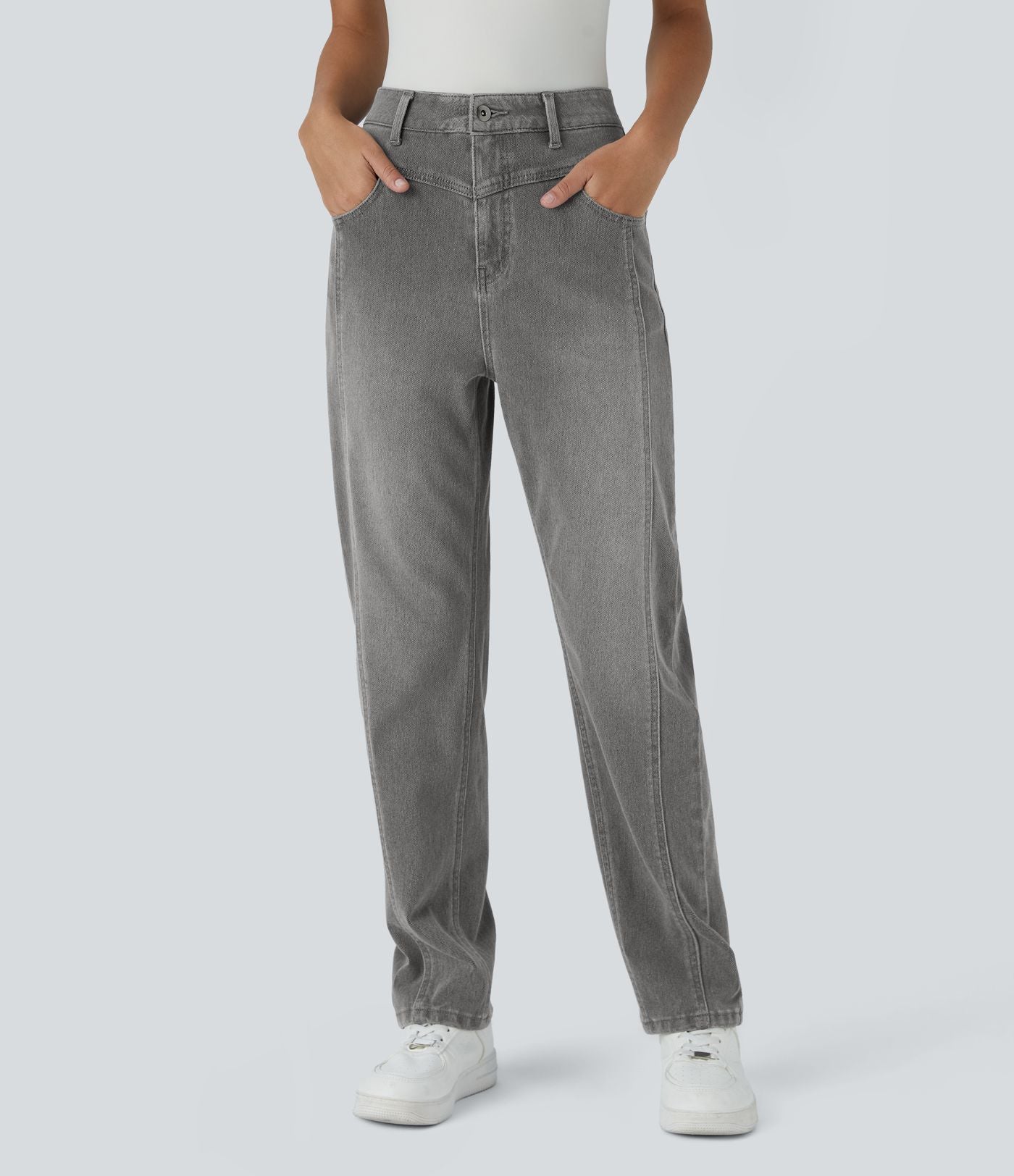 Jean décontracté Halara Flex™ taille haute extensible en maille avec bouton, fermeture éclair, poches multiples et effet délavé