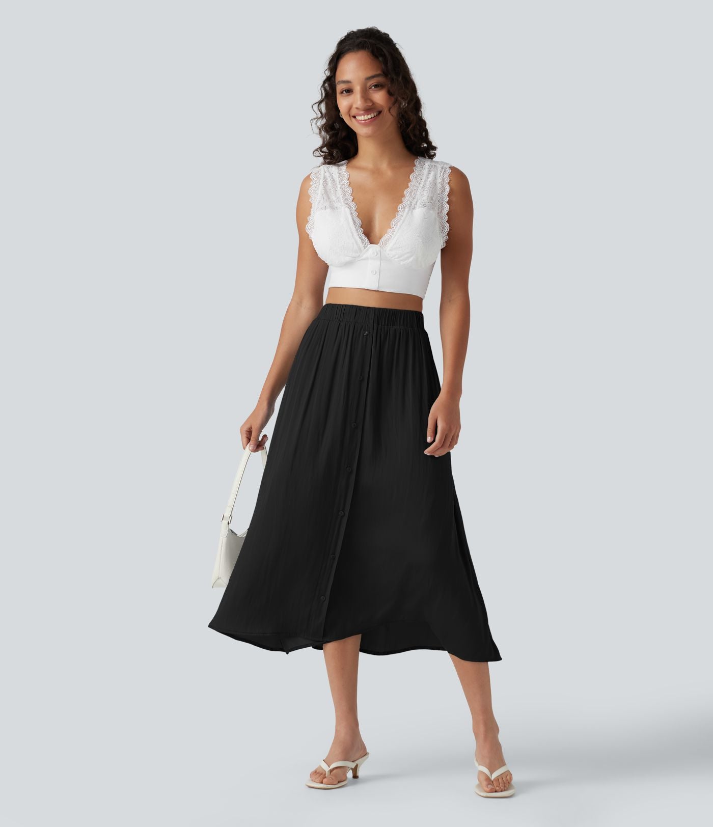Jupe midi trapèze fluide, taille haute, décontractée