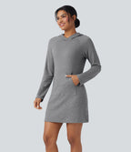 Robe active mini de randonnée maille côtelée à capuche manches longues avec poche