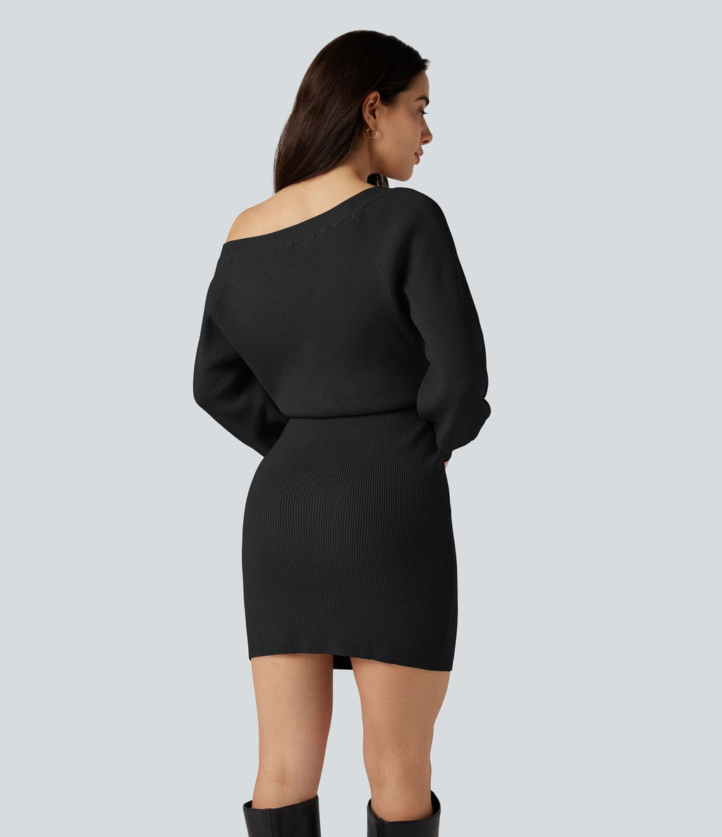 Robe pull mini moulante col bateau manches longues