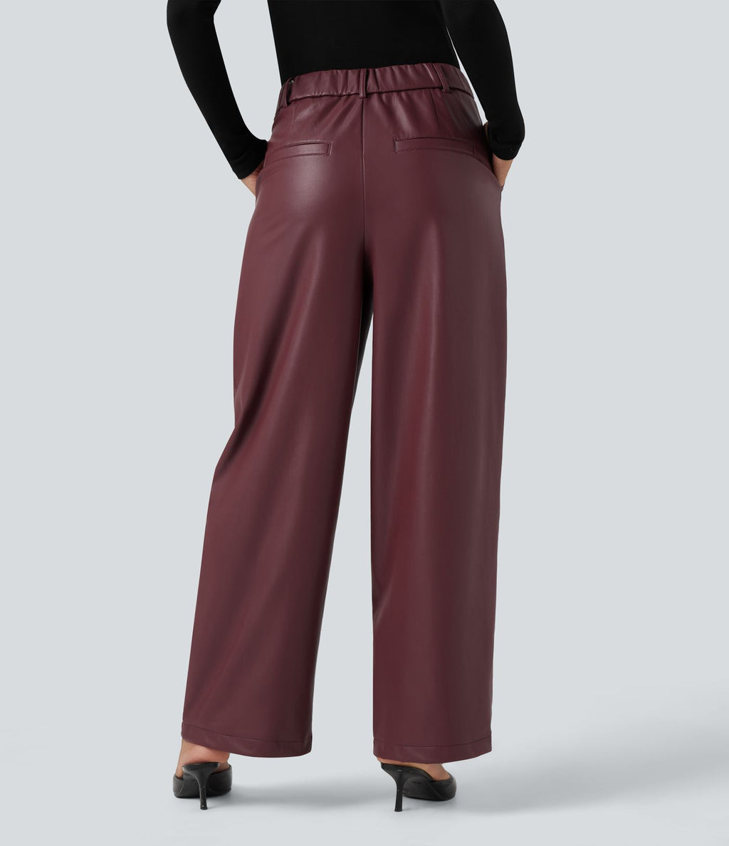 Pantalon large en tissu enduit molleton taille haute avec poches