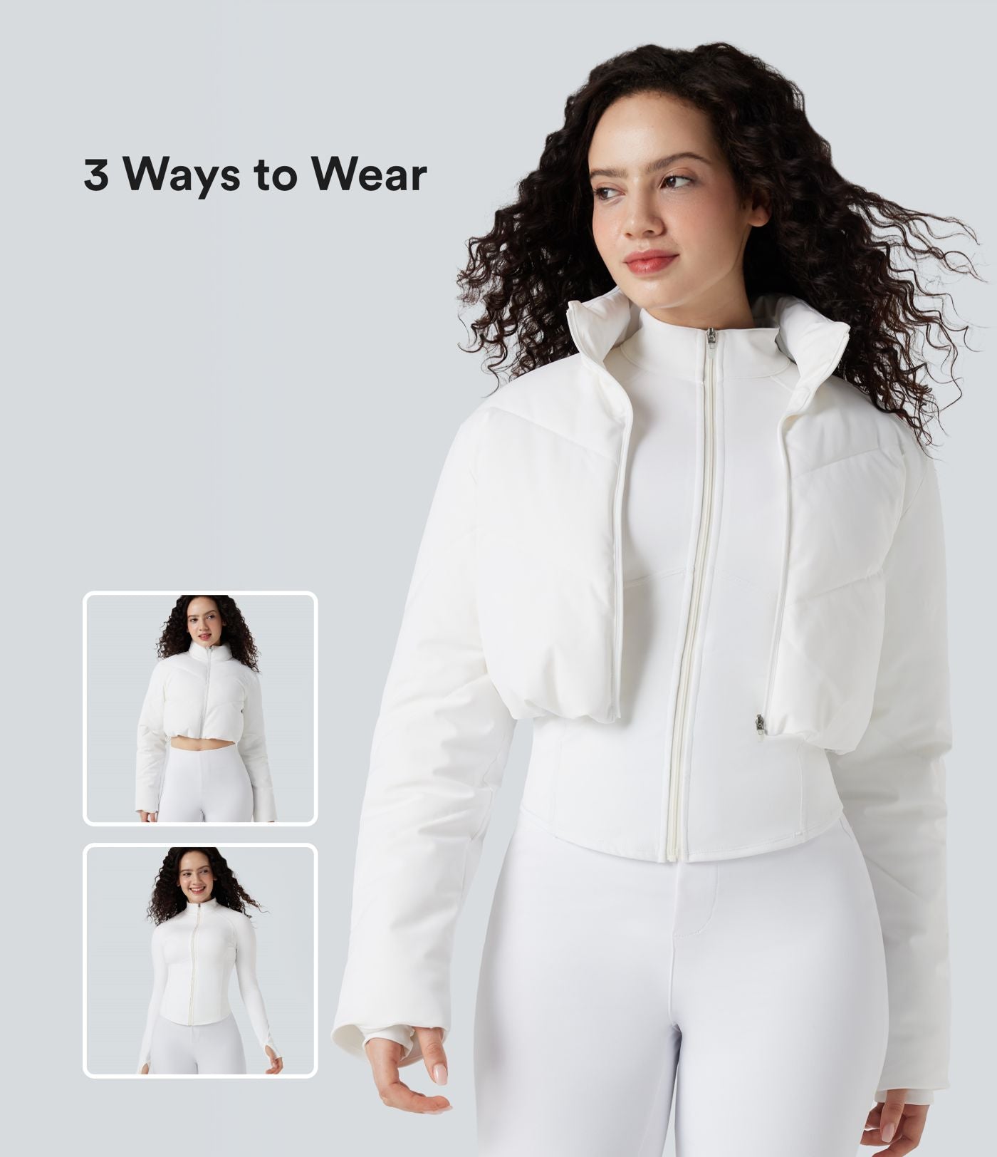 PuffFlex Manteau doudoune 3-en-1 court casual à col montant et veste à ourlet arrondi avec passants pouces et poche