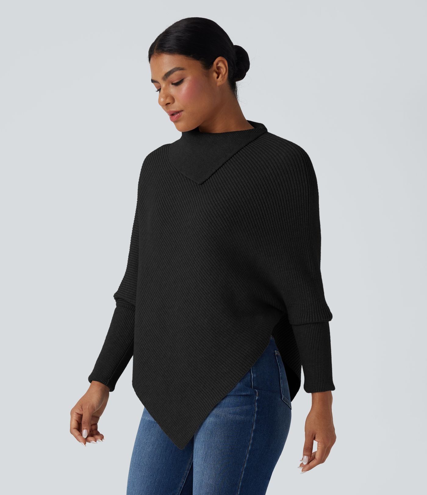 Pull cape décontracté col roulé manches chauve-souris ourlet asymétrique