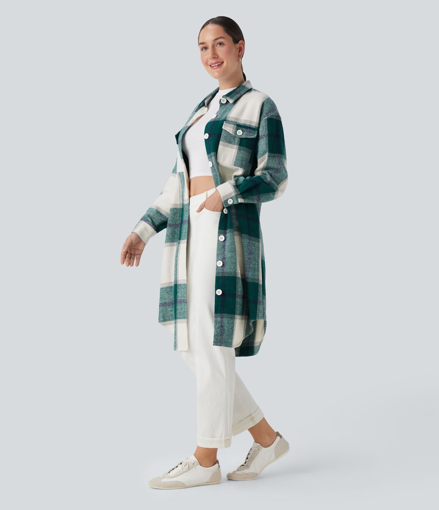Veste décontractée longue à motif écossais avec ourlet arrondi et poches