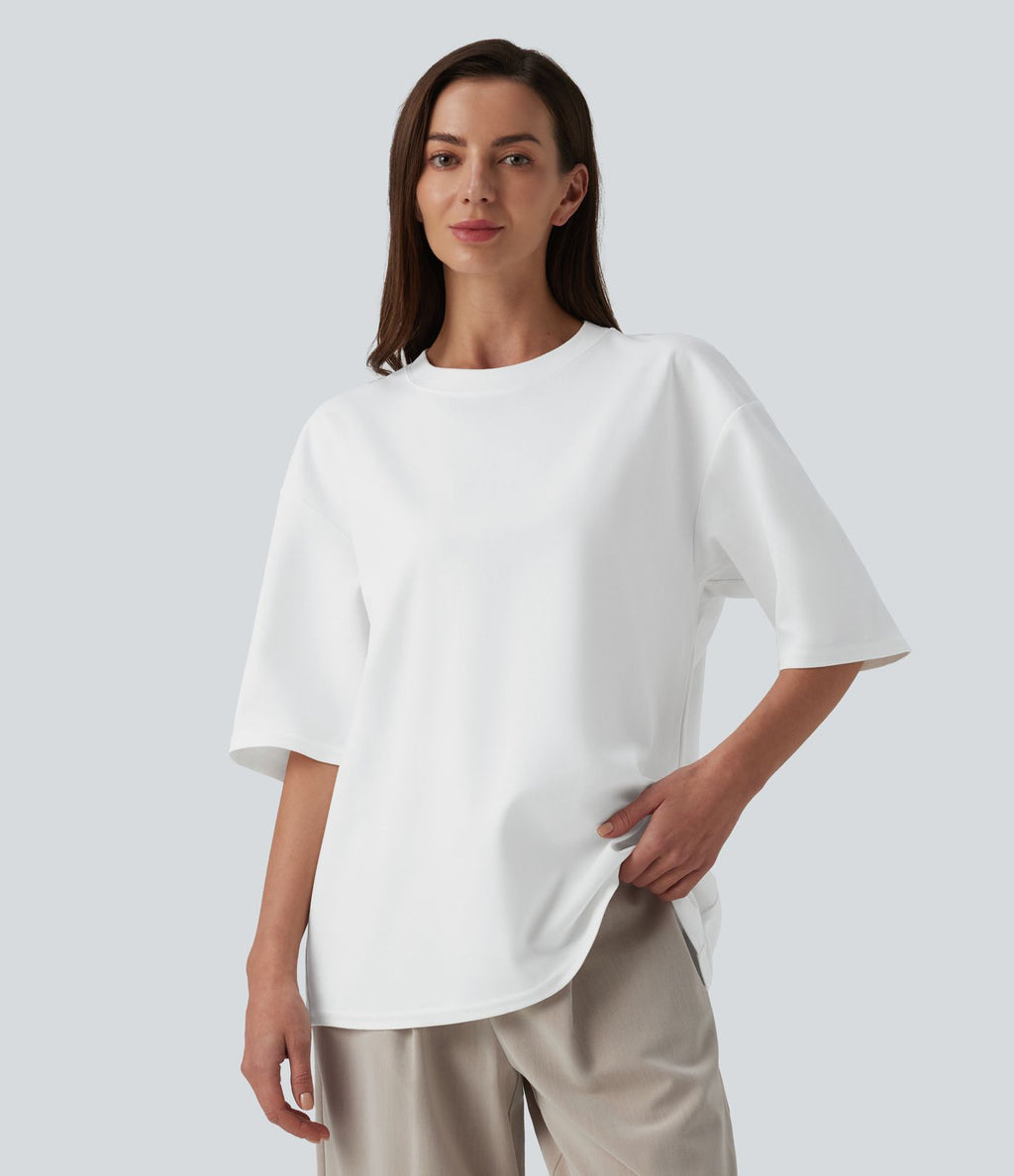T-shirt casual oversize col rond manches trois-quarts