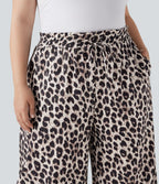 Pantalon décontracté grande taille large fluide taille haute imprimé léopard avec cordon de serrage et poches latérales