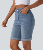 Bermuda décontracté en jean extensible délavé Halara Flex™ taille haute avec revers et multiples poches