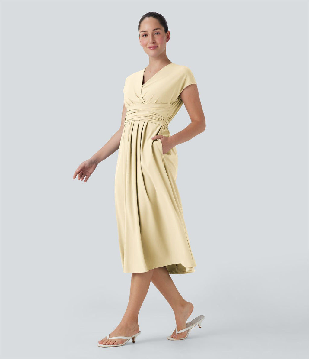 Robe midi Breezeful™ col V manches courtes à liens dans le dos séchage rapide avec poches latérales