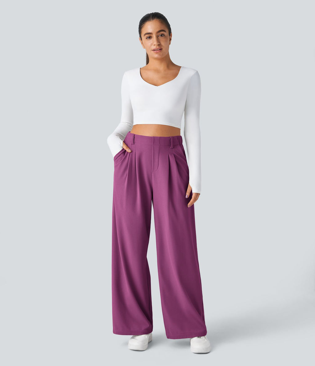 Halara Flex™ Pantalon Tailleur Large Fluide Gaufré Taille Haute Poches Latérales
