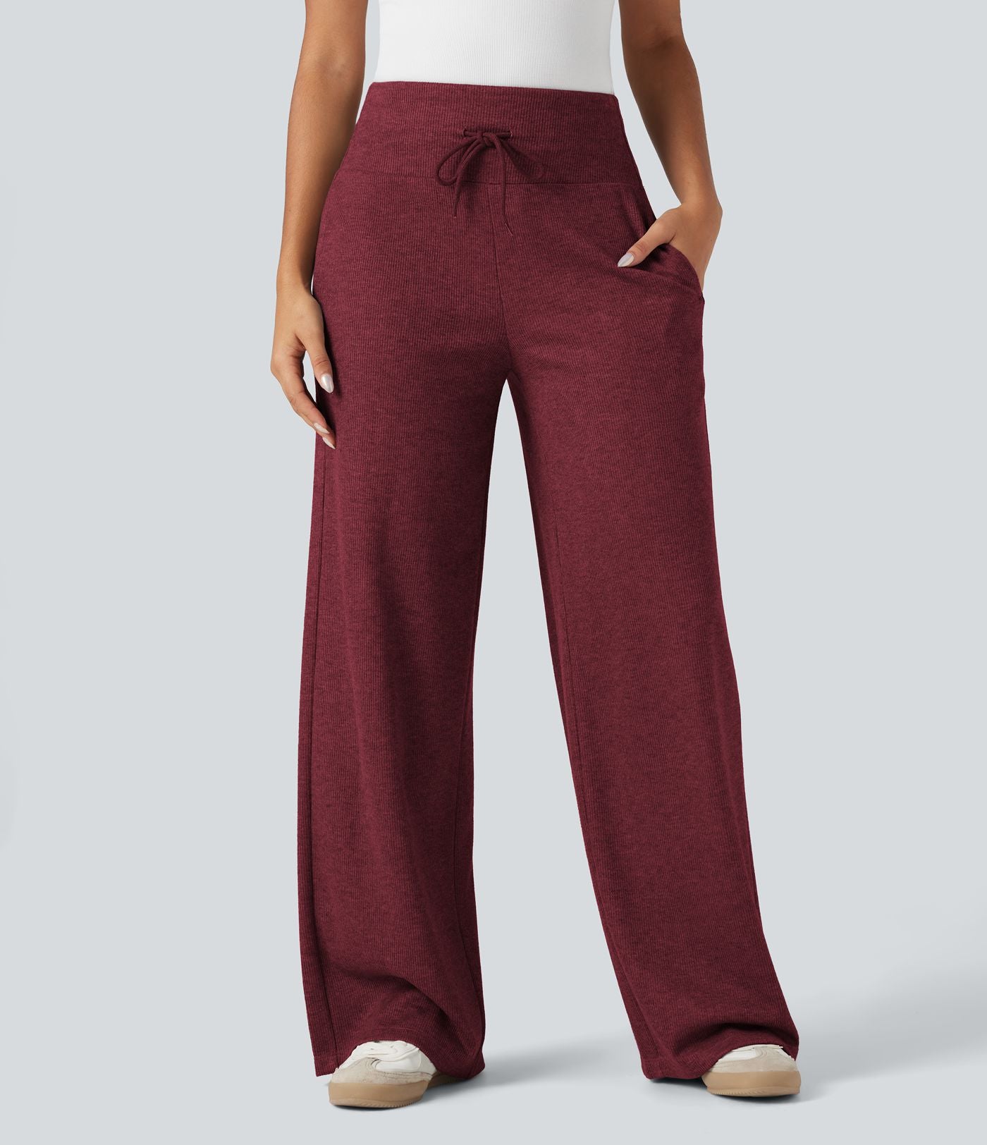 Pantalon jogging large décontracté côtelé gainant taille haute avec cordon de serrage et poches