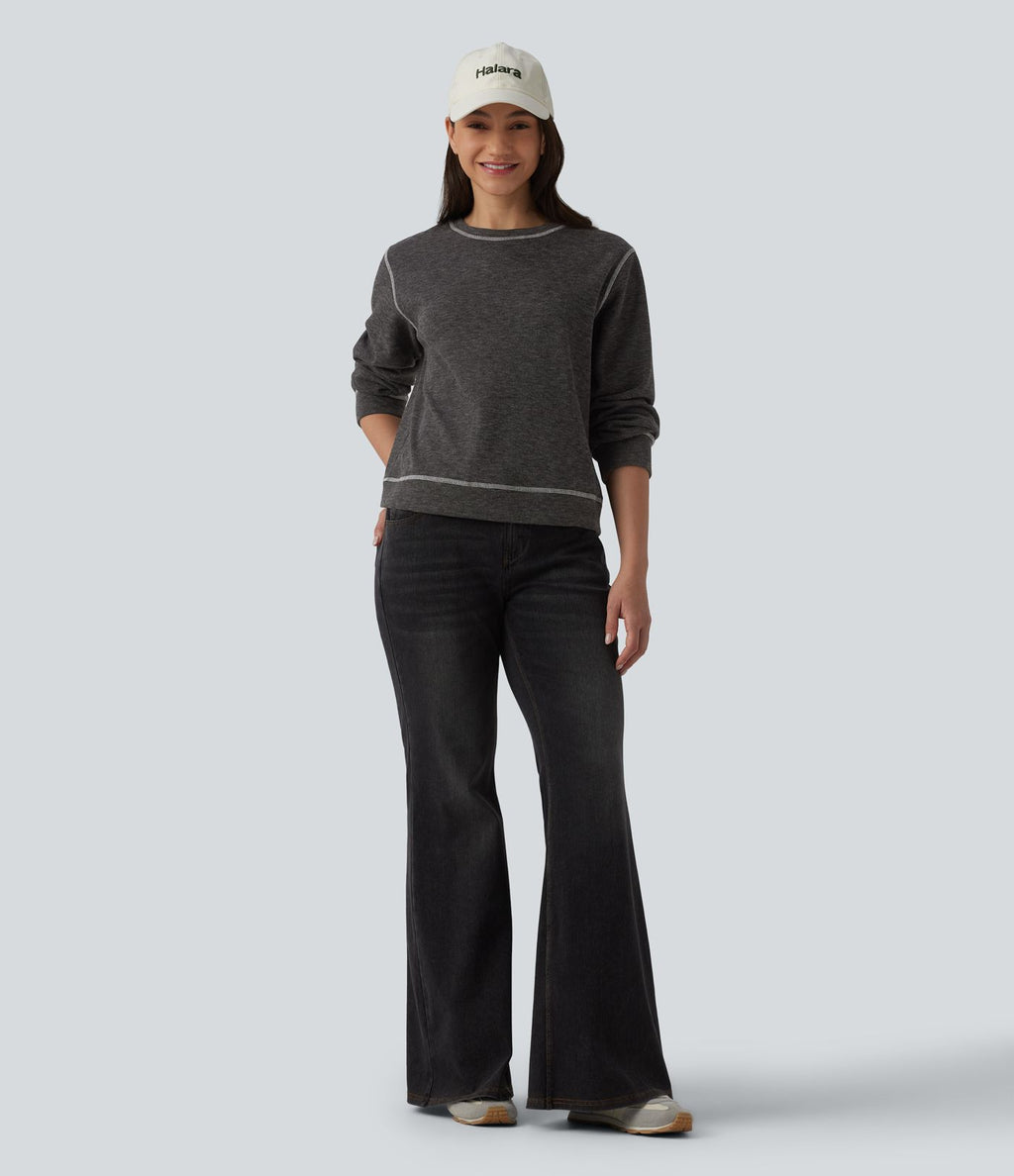 Sweat-shirt casual chiné col rond à manches longues avec surpiqûres