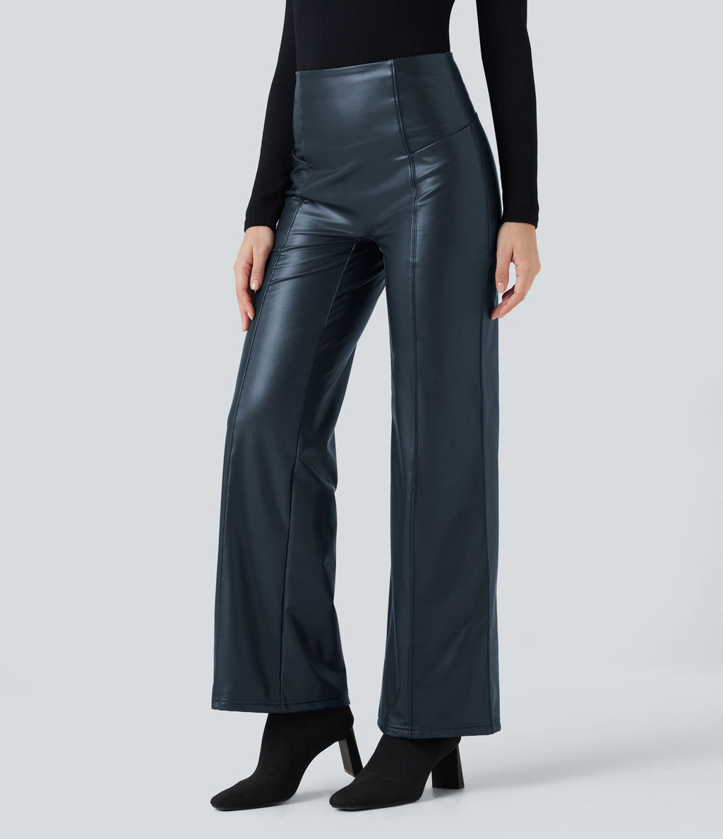 Pantalon similicuir évasé gainant taille haute stretch avec poches
