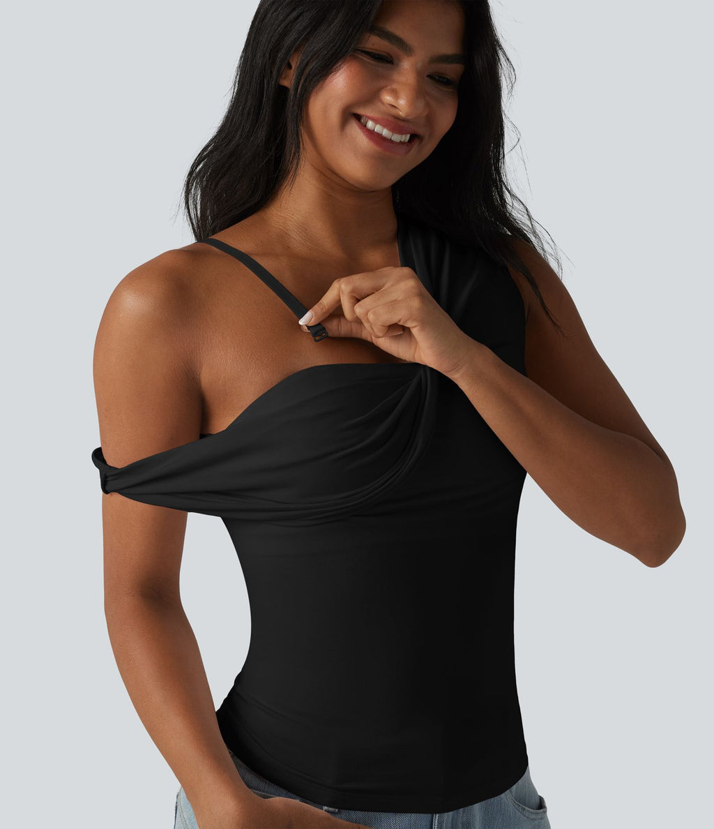Halara haut décontracté en jersey de coton col bénitier sans manches soutien-gorge intégré bonnets B-DD
