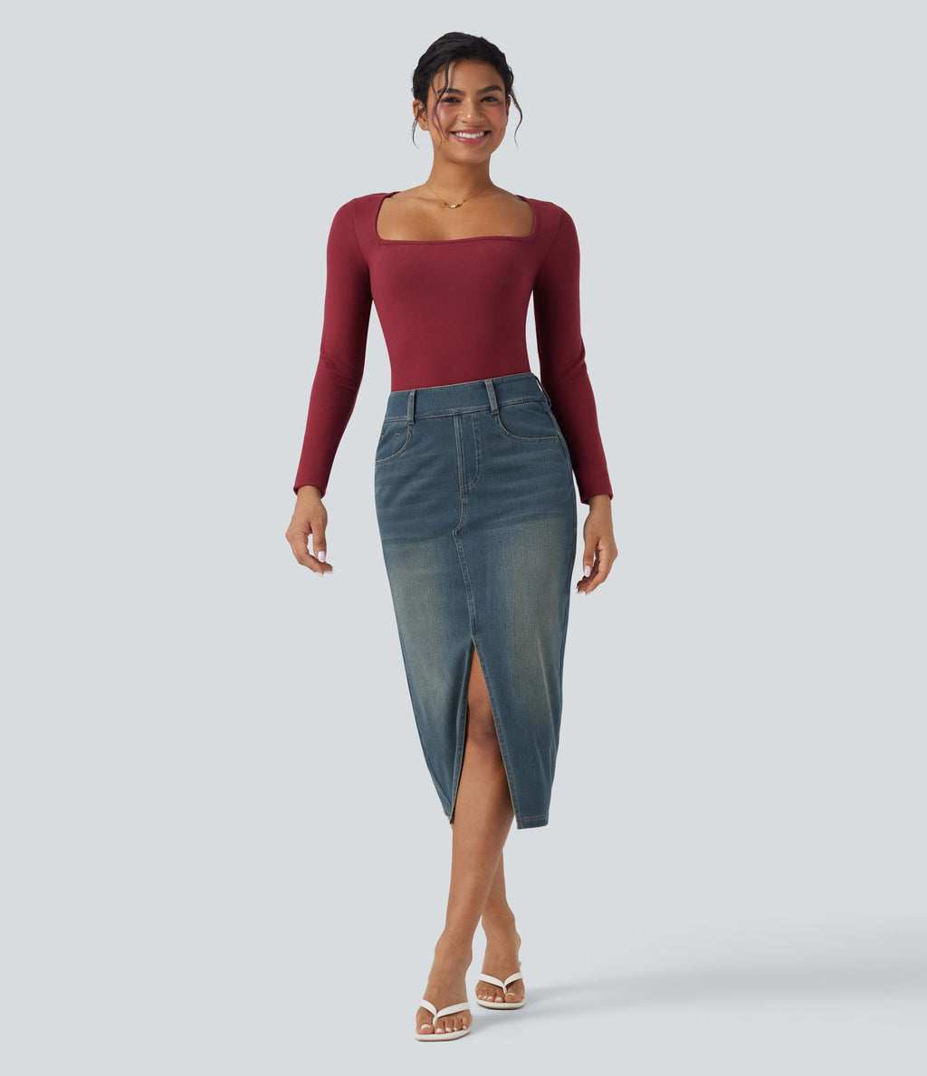 Halara Flex™ Jupe en Jean Casual Mi-Longue Délavé Extensible Plusieurs Poches Taille Haute
