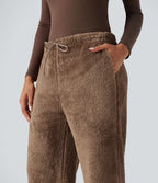Pantalon coupe droite teddy taille mi-haute avec cordon de serrage et poches