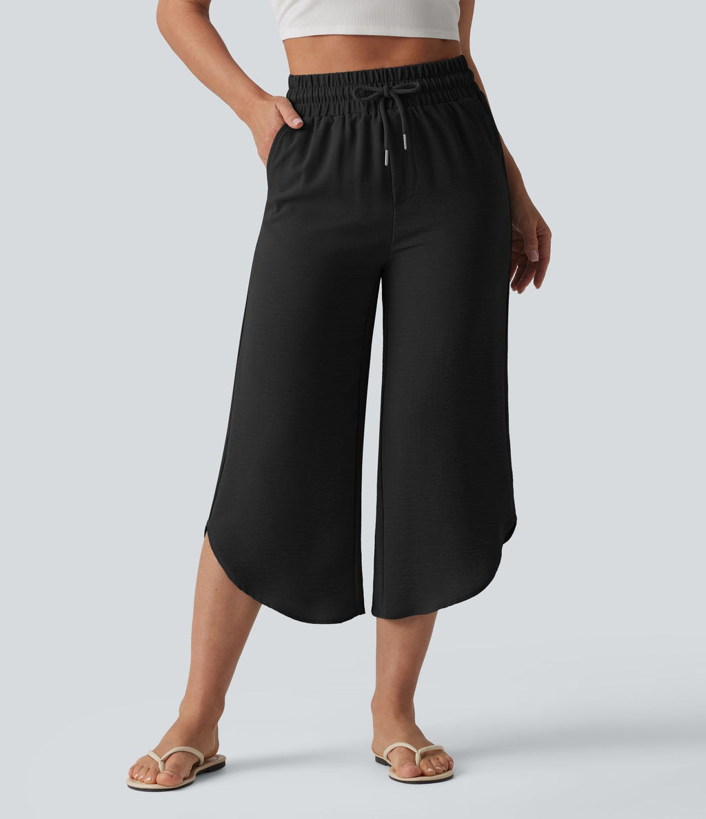 Pantalon casual 7/8 taille haute aspect lin à cordon de serrage et ourlet arrondi avec poches