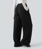Pantalon décontracté droit côtelé, taille haute, avec poches et détail croisé