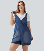 Salopette-short délavée grande taille en Jean Halara Flex™ Denim à col V avec ourlets retroussés et poches