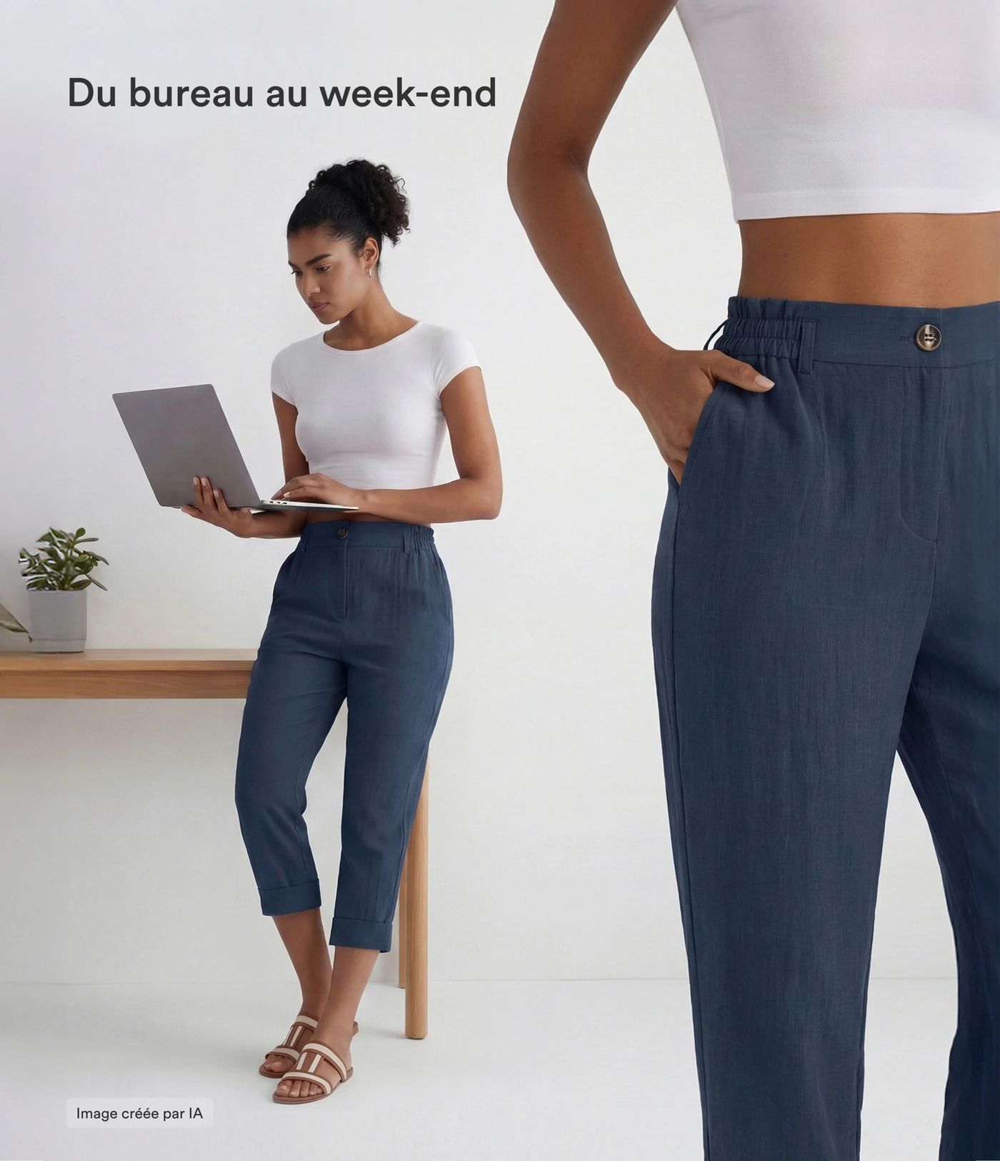 Pantalon capri effet lin taille haute avec poches zippées
