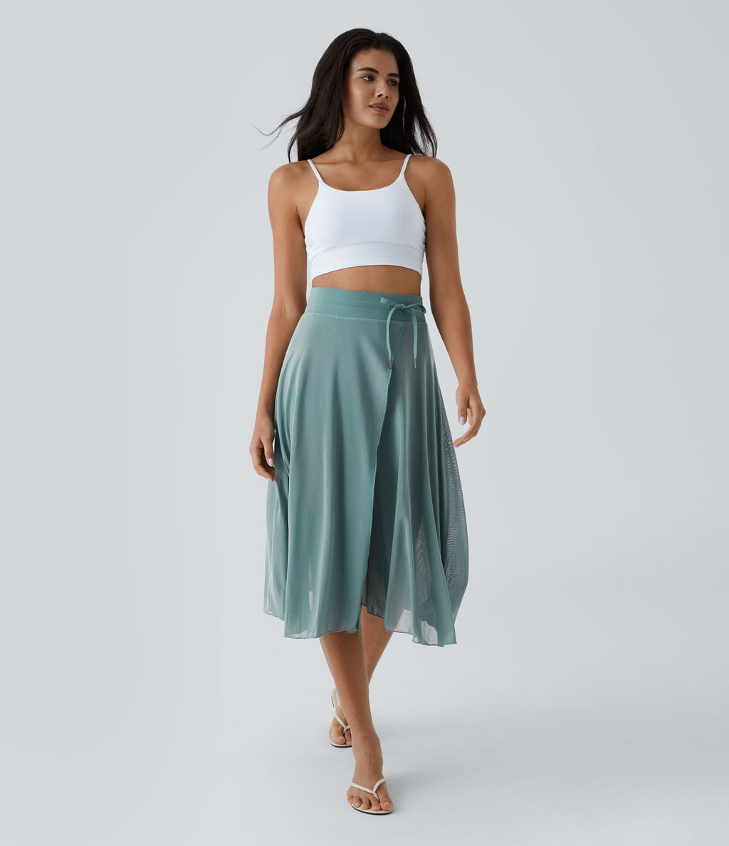 Jupe Casual Évasée Mesh Mi-Longue Fuide 2 en 1 Contrastée Taille Haute Cordon Poche Latérale