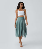 Jupe Casual Évasée Mesh Mi-Longue Fuide 2 en 1 Contrastée Taille Haute Cordon Poche Latérale