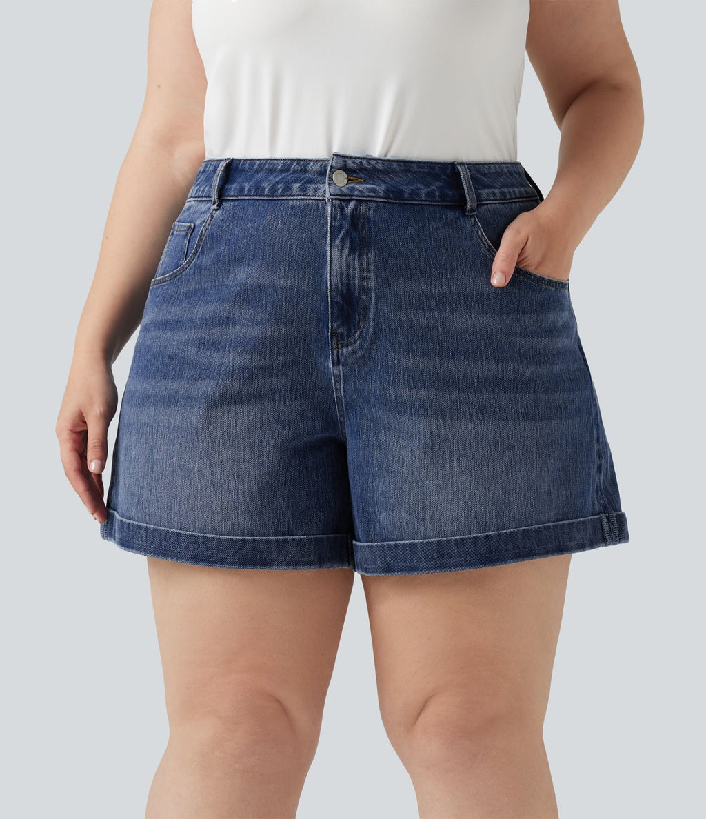 Short jean grande taille Halara Flex™ Denim casual taille mi-haute, ourlets retroussés, avec poches, 12,7 cm
