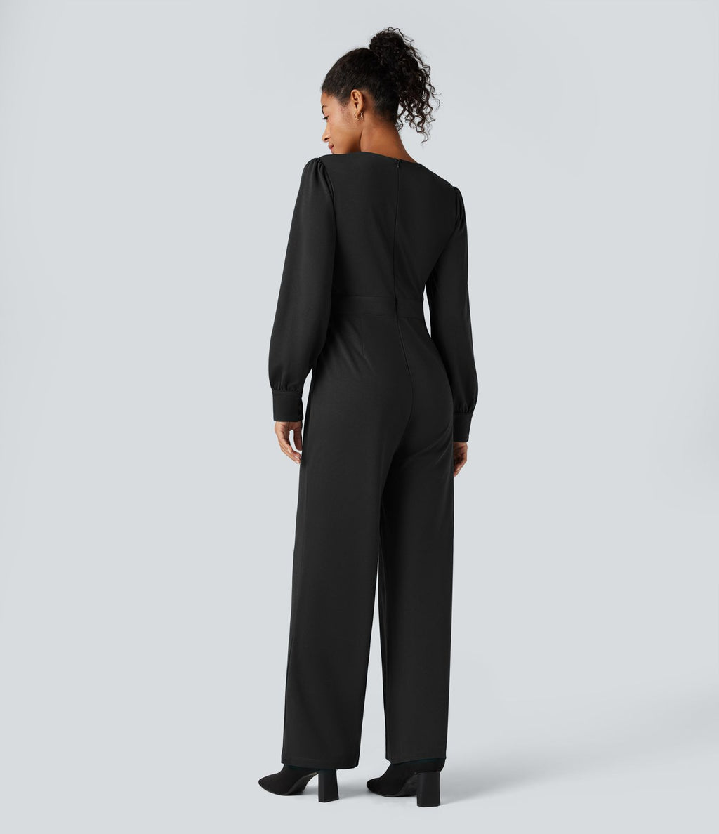 Combinaison tailleur col V manches longues bouffantes coupe droite avec poches