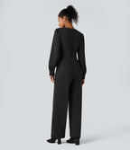 Combinaison tailleur col V manches longues bouffantes coupe droite avec poches