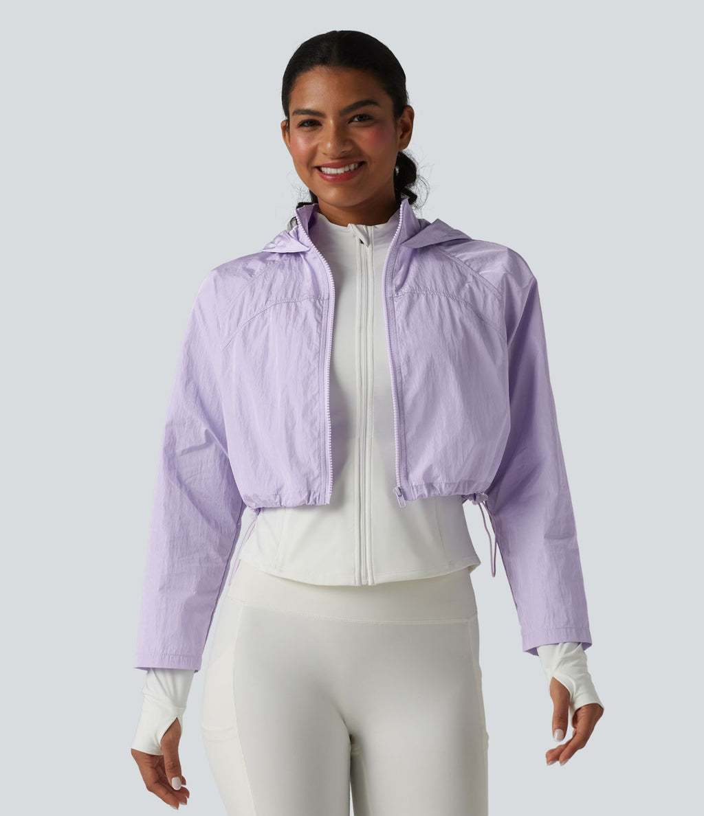 Veste de running 3-en-1 déperlante à capuche avec trous pour les pouces, ourlet arrondi et poches
