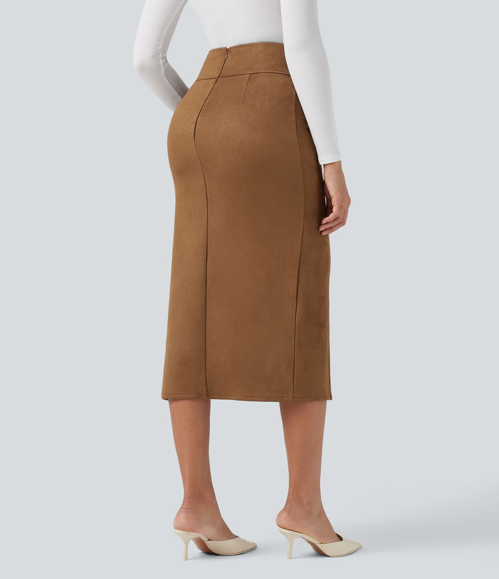 Jupe midi moulante en daim taille haute