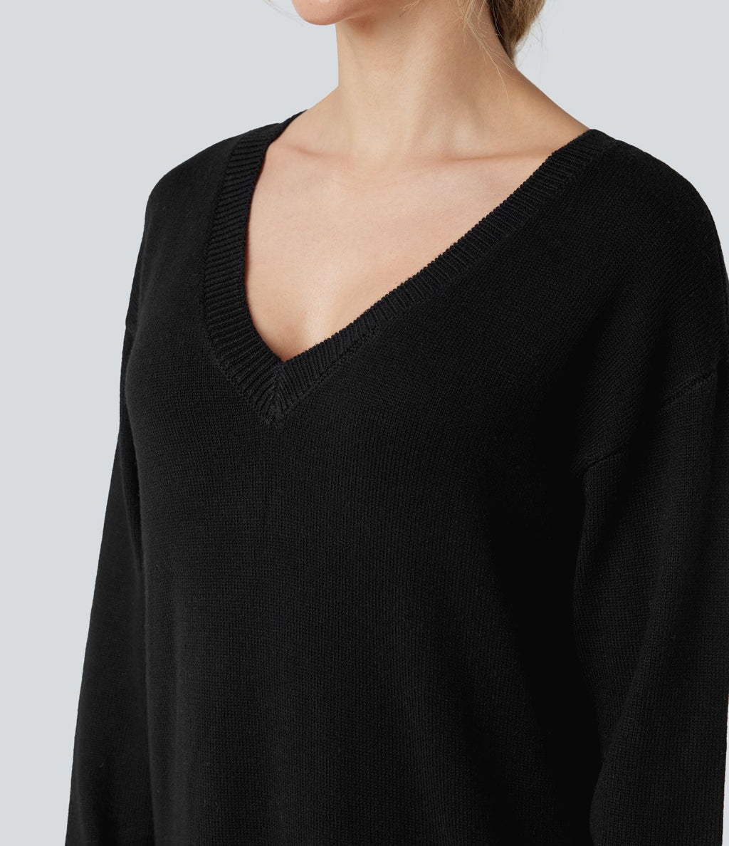 Robe pull laine mélangée col V manches longues mi-longue - réversible devant et dos