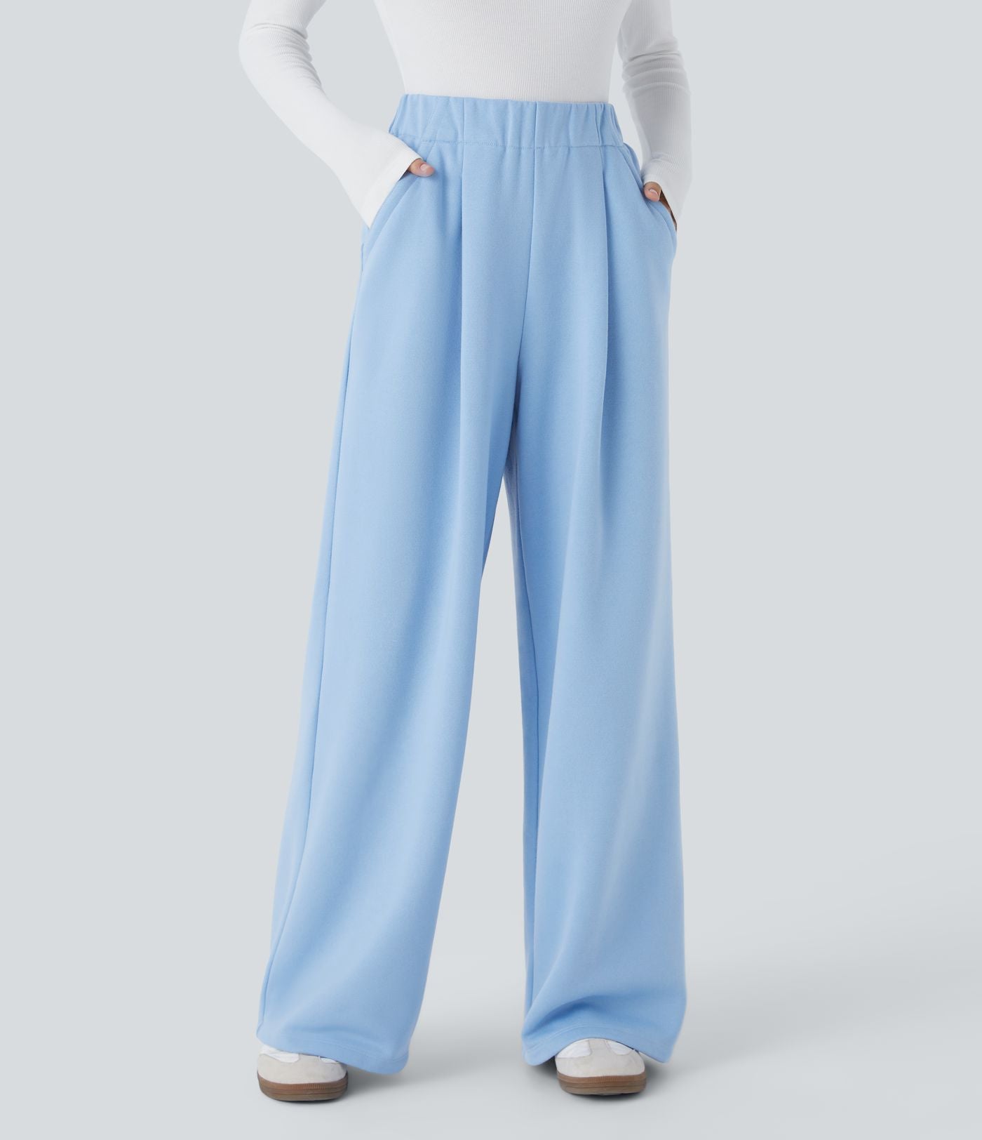Pantalon Jogging Thermique Taille Haut Jambes Larges Poche Latérale Plissée en Fleece