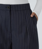 Pantalon Tailleur Large Fluide à Rayures, Taille Haute, Bouton et Fermeture Éclair, Poches Latérales