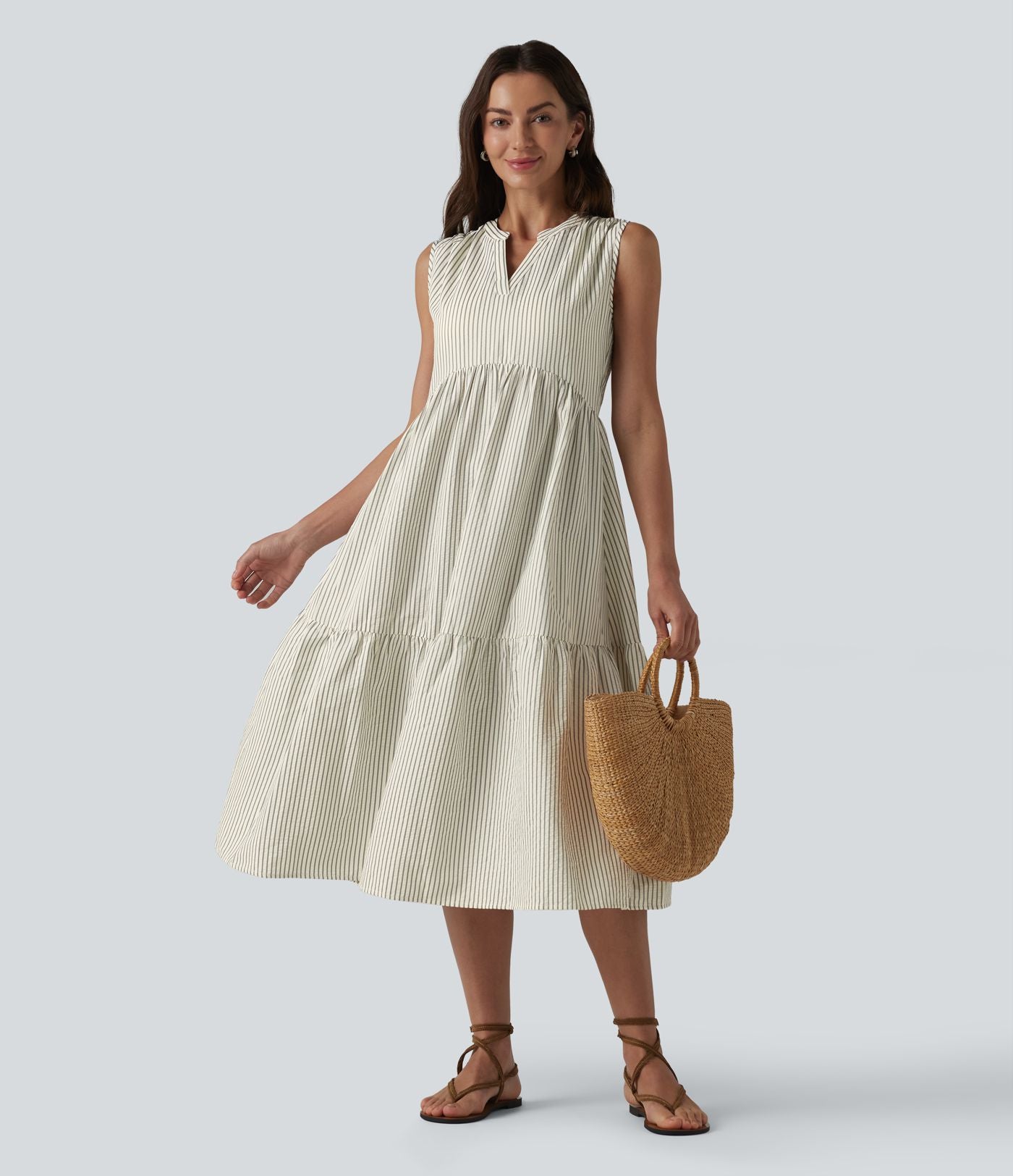 Robe midi rayée sans manches col V avec soutien-gorge intégré