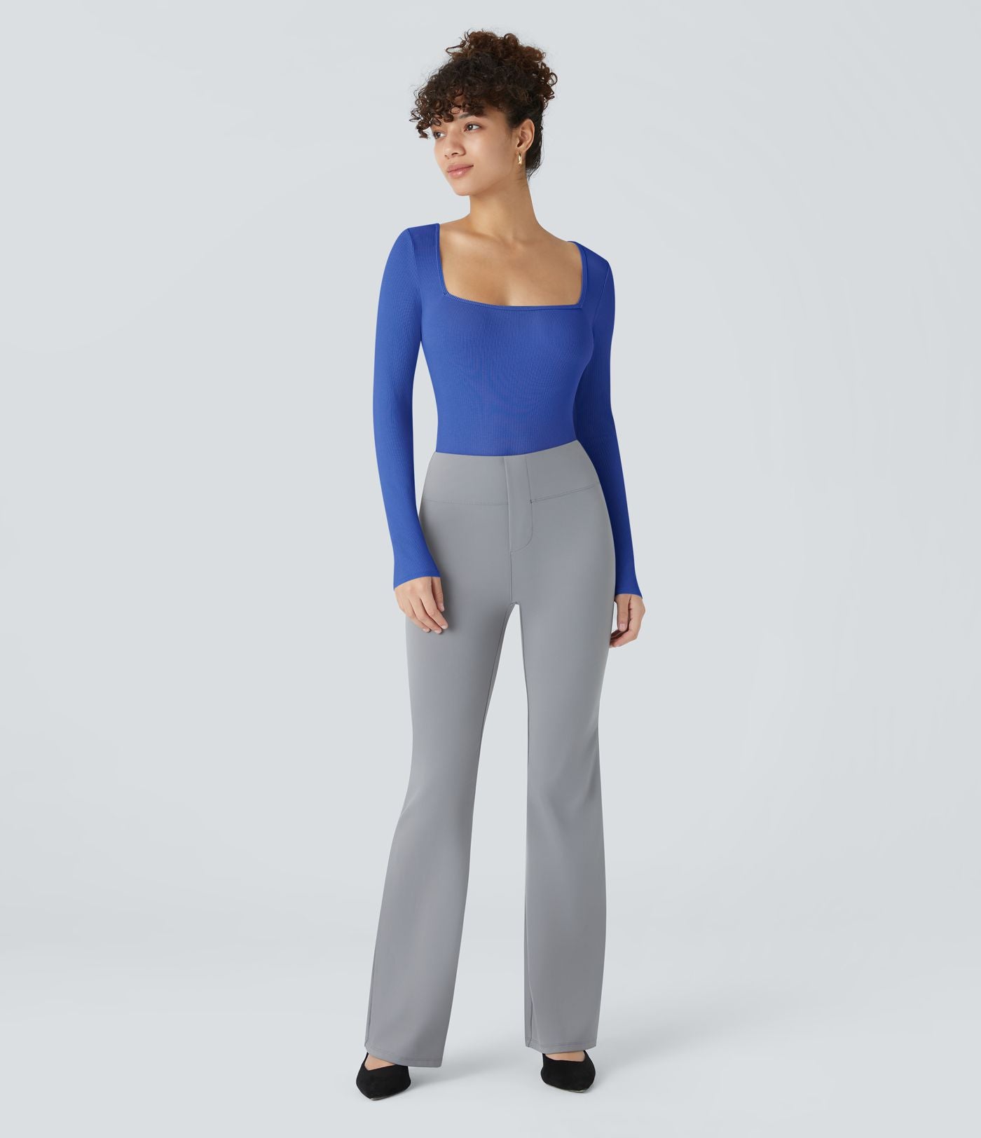 Bodysuit de Travail Tricot Côtelé Col Carré Manches Longues Boutonné Silhouette Élancée