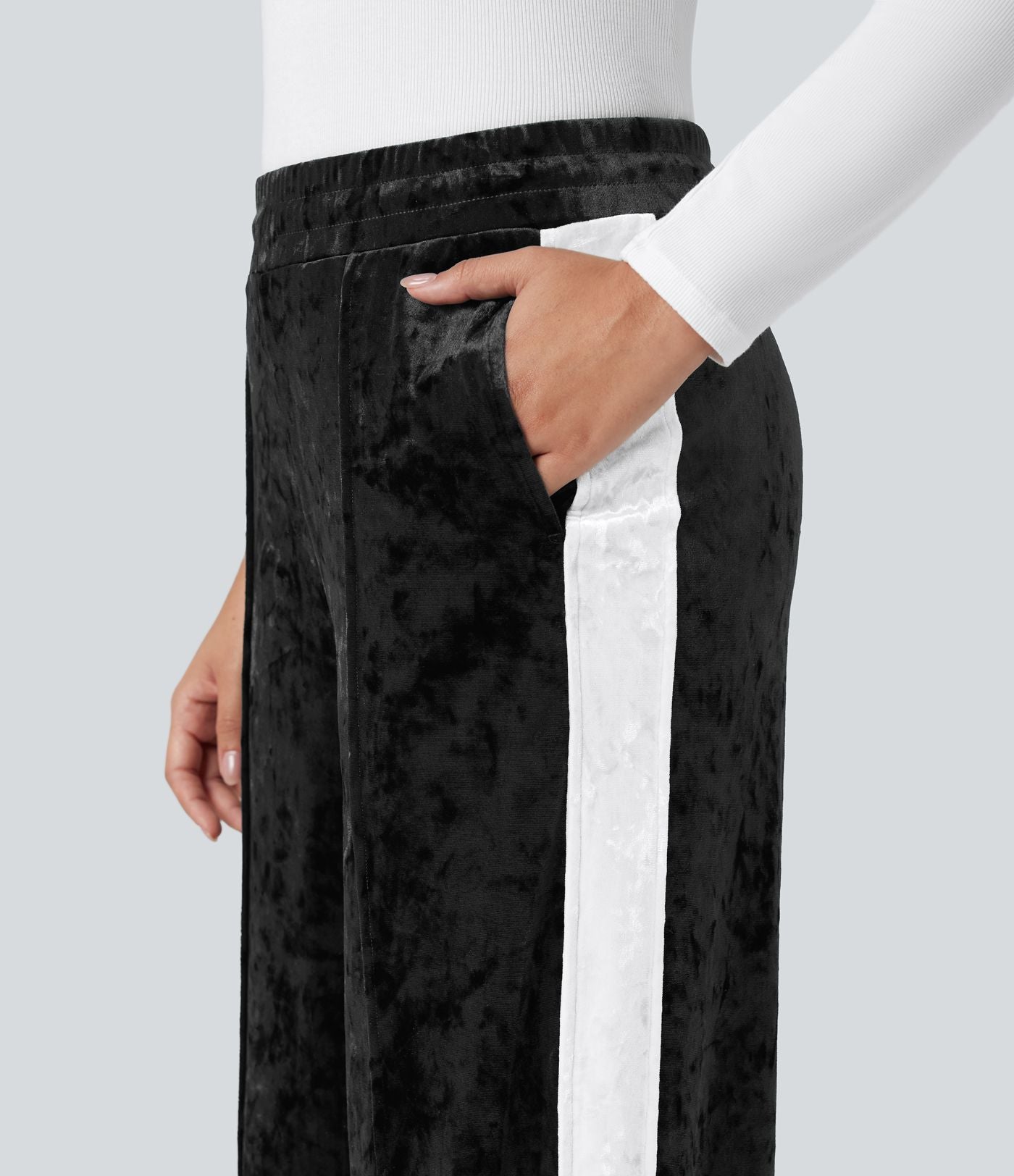Pantalon velours coupe droite color block taille mi-haute avec cordon de serrage et poches