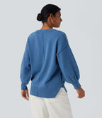 Pull casual col V épaules tombantes manches longues avec fentes