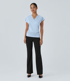 Blouse Travail Unie Froncée Croisée Manches Courtes Col en V