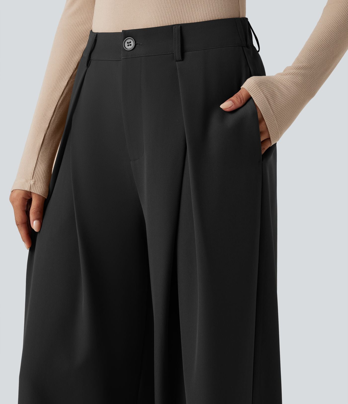 Pantalon tailleur large, taille haute, à poches