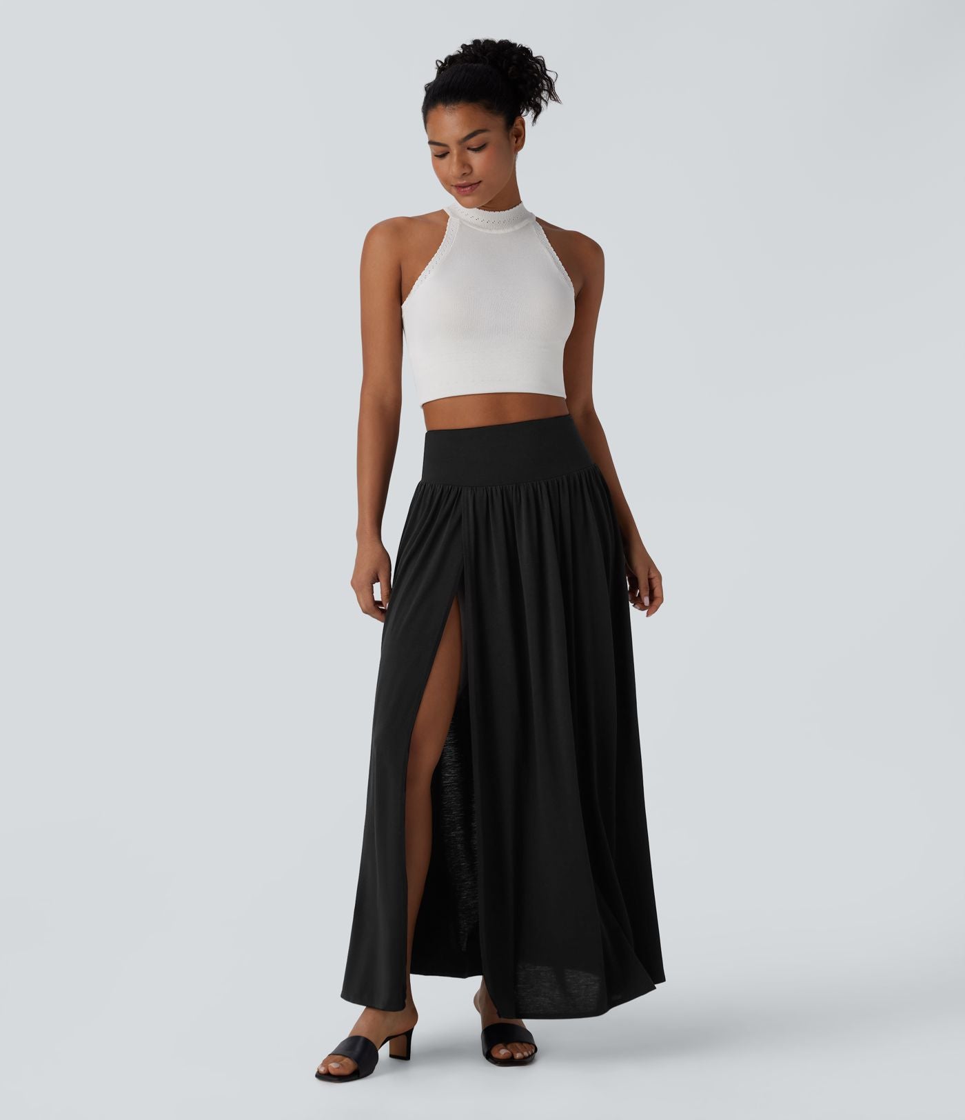 Jupe décontractée maxi fluide 2-en-1 taille haute avec fente