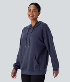 Sweat-shirt décontracté à capuche avec cordon de serrage, manches longues, poche kangourou, coupe croisée et fente