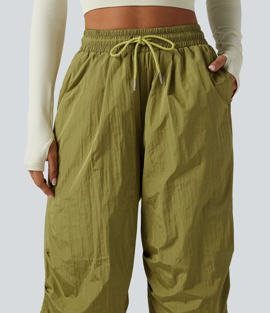 Pantalon cargo ample de randonnée taille haute avec cordon de serrage, fronces et poches
