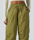 Pantalon cargo ample de randonnée taille haute avec cordon de serrage, fronces et poches